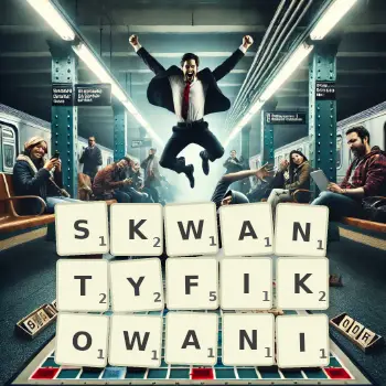 Kreatywna ilustracja do gry w Scrabble ze słowem SKWANTYFIKOWANI ułożonym z płytek na planszy.