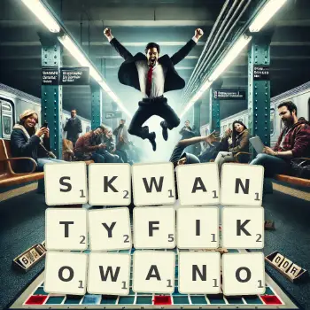 Kreatywna ilustracja do gry w Scrabble ze słowem SKWANTYFIKOWANO ułożonym z płytek na planszy.