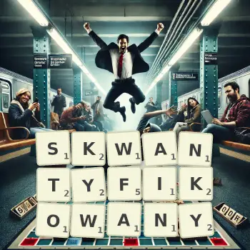 Kreatywna ilustracja do gry w Scrabble ze słowem SKWANTYFIKOWANY ułożonym z płytek na planszy.