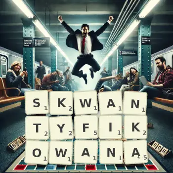 Kreatywna ilustracja do gry w Scrabble ze słowem SKWANTYFIKOWANĄ ułożonym z płytek na planszy.