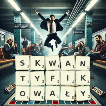 Kreatywna ilustracja do gry w Scrabble ze słowem SKWANTYFIKOWAŁY ułożonym z płytek na planszy.