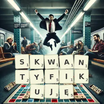 Kreatywna ilustracja do gry w Scrabble ze słowem SKWANTYFIKUJĘ ułożonym z płytek na planszy.