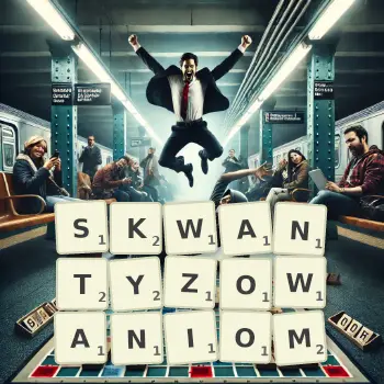 Kreatywna ilustracja do gry w Scrabble ze słowem SKWANTYZOWANIOM ułożonym z płytek na planszy.