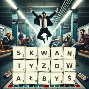 Kreatywna ilustracja do gry w Scrabble ze słowem SKWANTYZOWAŁBYŚ ułożonym z płytek na planszy.
