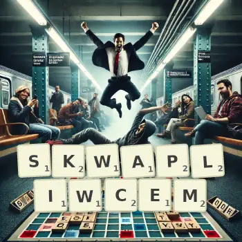 Kreatywna ilustracja do gry w Scrabble ze słowem SKWAPLIWCEM ułożonym z płytek na planszy.