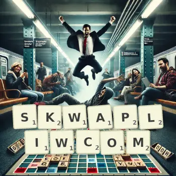 Kreatywna ilustracja do gry w Scrabble ze słowem SKWAPLIWCOM ułożonym z płytek na planszy.