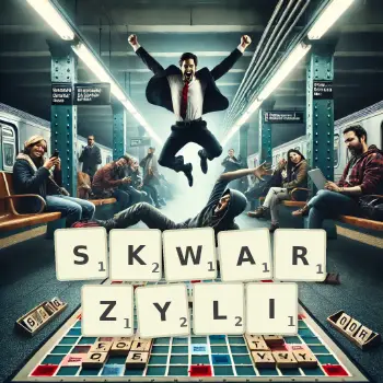 Kreatywna ilustracja do gry w Scrabble ze słowem SKWARZYLI ułożonym z płytek na planszy.