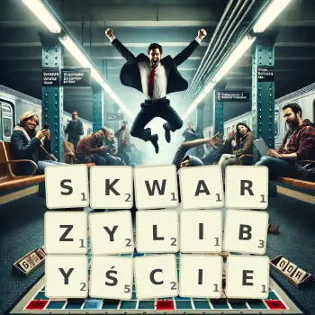 Kreatywna ilustracja do gry w Scrabble ze słowem SKWARZYLIBYŚCIE ułożonym z płytek na planszy.