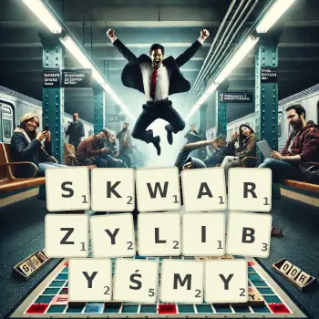 Kreatywna ilustracja do gry w Scrabble ze słowem SKWARZYLIBYŚMY ułożonym z płytek na planszy.