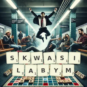 Kreatywna ilustracja do gry w Scrabble ze słowem SKWASILABYM ułożonym z płytek na planszy.