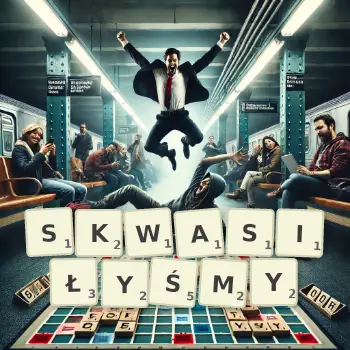 Kreatywna ilustracja do gry w Scrabble ze słowem SKWASIŁYŚMY ułożonym z płytek na planszy.