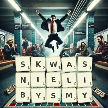 Kreatywna ilustracja do gry w Scrabble ze słowem SKWASNIELIBYSMY ułożonym z płytek na planszy.