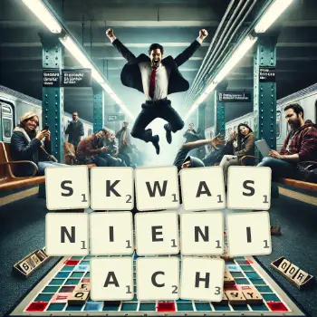 Kreatywna ilustracja do gry w Scrabble ze słowem SKWASNIENIACH ułożonym z płytek na planszy.