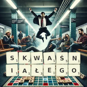 Kreatywna ilustracja do gry w Scrabble ze słowem SKWAŚNIAŁEGO ułożonym z płytek na planszy.