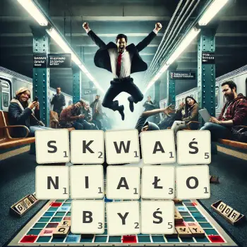 Kreatywna ilustracja do gry w Scrabble ze słowem SKWAŚNIAŁOBYŚ ułożonym z płytek na planszy.