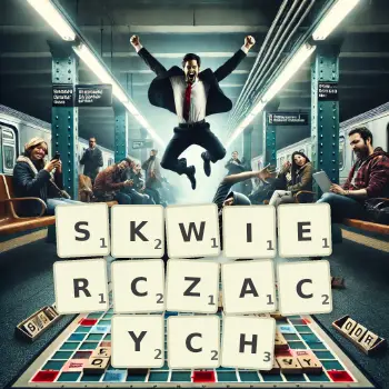 Kreatywna ilustracja do gry w Scrabble ze słowem SKWIERCZACYCH ułożonym z płytek na planszy.