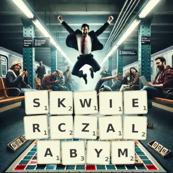 Kreatywna ilustracja do gry w Scrabble ze słowem SKWIERCZALABYM ułożonym z płytek na planszy.