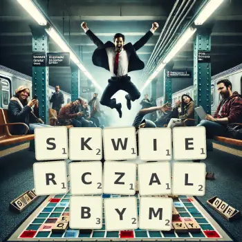 Kreatywna ilustracja do gry w Scrabble ze słowem SKWIERCZALBYM ułożonym z płytek na planszy.