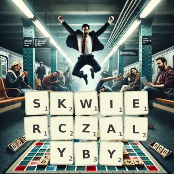 Kreatywna ilustracja do gry w Scrabble ze słowem SKWIERCZALYBY ułożonym z płytek na planszy.