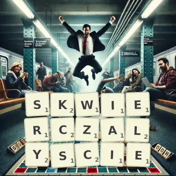 Kreatywna ilustracja do gry w Scrabble ze słowem SKWIERCZALYSCIE ułożonym z płytek na planszy.