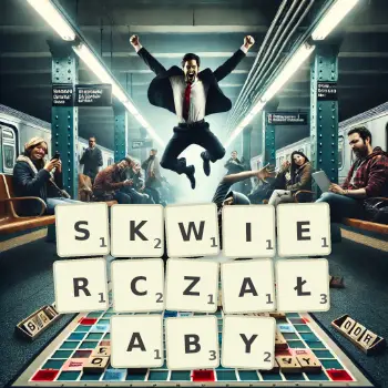 Kreatywna ilustracja do gry w Scrabble ze słowem SKWIERCZAŁABY ułożonym z płytek na planszy.