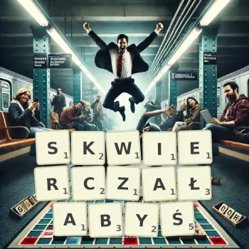 Kreatywna ilustracja do gry w Scrabble ze słowem SKWIERCZAŁABYŚ ułożonym z płytek na planszy.