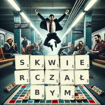 Kreatywna ilustracja do gry w Scrabble ze słowem SKWIERCZAŁBYM ułożonym z płytek na planszy.