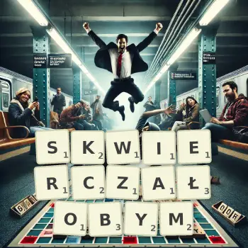 Kreatywna ilustracja do gry w Scrabble ze słowem SKWIERCZAŁOBYM ułożonym z płytek na planszy.