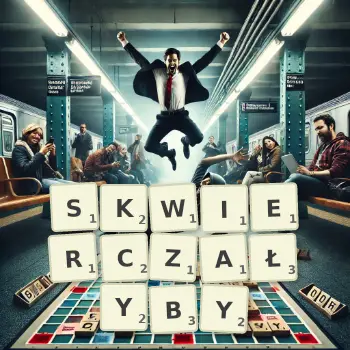 Kreatywna ilustracja do gry w Scrabble ze słowem SKWIERCZAŁYBY ułożonym z płytek na planszy.