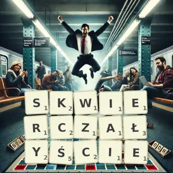 Kreatywna ilustracja do gry w Scrabble ze słowem SKWIERCZAŁYŚCIE ułożonym z płytek na planszy.