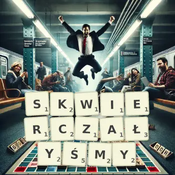 Kreatywna ilustracja do gry w Scrabble ze słowem SKWIERCZAŁYŚMY ułożonym z płytek na planszy.