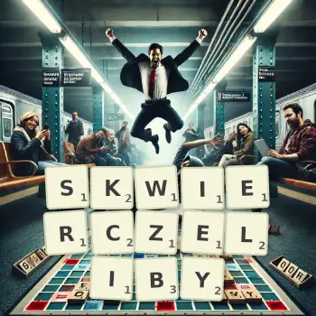 Kreatywna ilustracja do gry w Scrabble ze słowem SKWIERCZELIBY ułożonym z płytek na planszy.