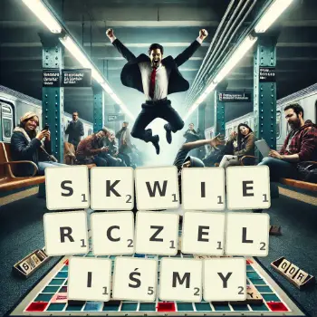 Kreatywna ilustracja do gry w Scrabble ze słowem SKWIERCZELIŚMY ułożonym z płytek na planszy.