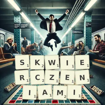 Kreatywna ilustracja do gry w Scrabble ze słowem SKWIERCZENIAMI ułożonym z płytek na planszy.