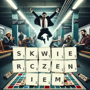 Kreatywna ilustracja do gry w Scrabble ze słowem SKWIERCZENIEM ułożonym z płytek na planszy.