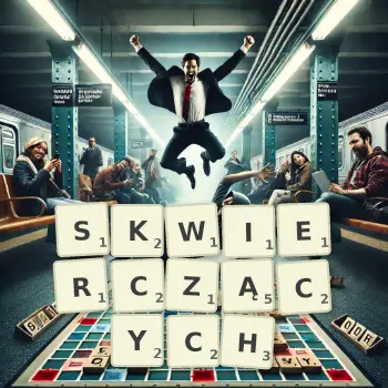 Kreatywna ilustracja do gry w Scrabble ze słowem SKWIERCZĄCYCH ułożonym z płytek na planszy.