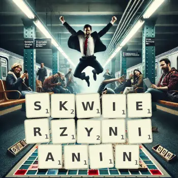 Kreatywna ilustracja do gry w Scrabble ze słowem SKWIERZYNIANIN ułożonym z płytek na planszy.