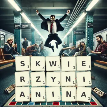 Kreatywna ilustracja do gry w Scrabble ze słowem SKWIERZYNIANINA ułożonym z płytek na planszy.