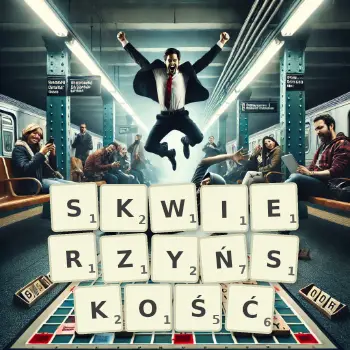 Kreatywna ilustracja do gry w Scrabble ze słowem SKWIERZYŃSKOŚĆ ułożonym z płytek na planszy.