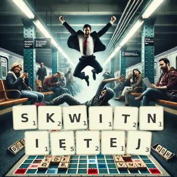 Kreatywna ilustracja do gry w Scrabble ze słowem SKWITNIĘTEJ ułożonym z płytek na planszy.