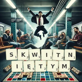 Kreatywna ilustracja do gry w Scrabble ze słowem SKWITNIĘTYM ułożonym z płytek na planszy.