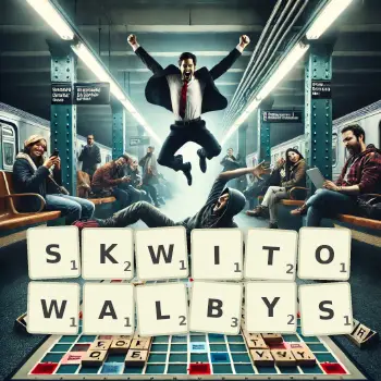 Kreatywna ilustracja do gry w Scrabble ze słowem SKWITOWALBYS ułożonym z płytek na planszy.