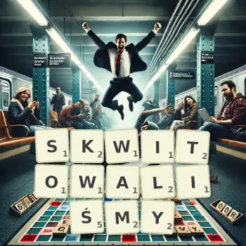 Kreatywna ilustracja do gry w Scrabble ze słowem SKWITOWALIŚMY ułożonym z płytek na planszy.