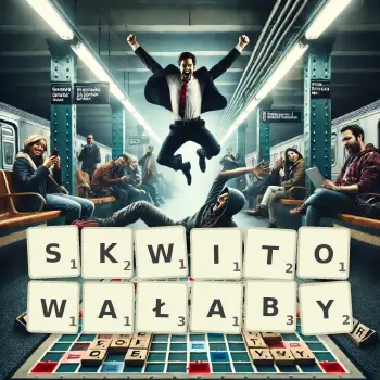 Kreatywna ilustracja do gry w Scrabble ze słowem SKWITOWAŁABY ułożonym z płytek na planszy.