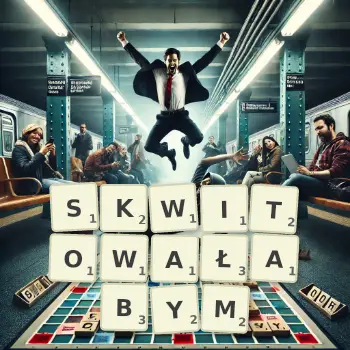 Kreatywna ilustracja do gry w Scrabble ze słowem SKWITOWAŁABYM ułożonym z płytek na planszy.
