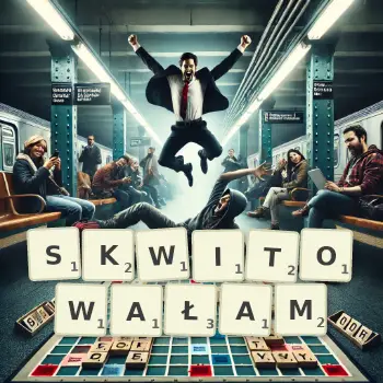 Kreatywna ilustracja do gry w Scrabble ze słowem SKWITOWAŁAM ułożonym z płytek na planszy.