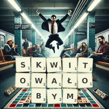 Kreatywna ilustracja do gry w Scrabble ze słowem SKWITOWAŁOBYM ułożonym z płytek na planszy.
