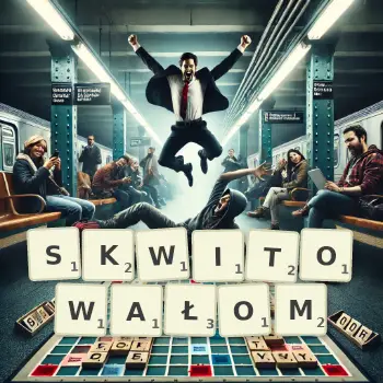 Kreatywna ilustracja do gry w Scrabble ze słowem SKWITOWAŁOM ułożonym z płytek na planszy.