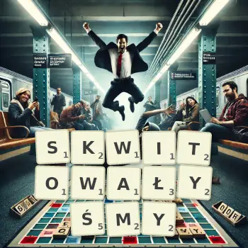 Kreatywna ilustracja do gry w Scrabble ze słowem SKWITOWAŁYŚMY ułożonym z płytek na planszy.