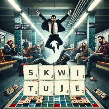 Kreatywna ilustracja do gry w Scrabble ze słowem SKWITUJE ułożonym z płytek na planszy.